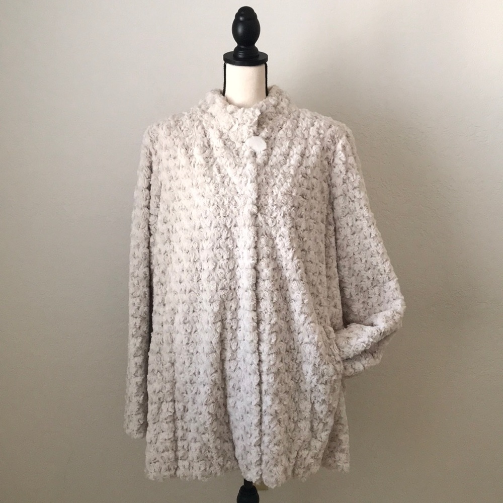 Dennis Basso textured rosette faux fur A-line coat